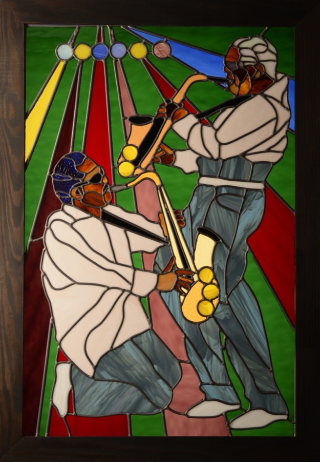 Stained glass — two horn players